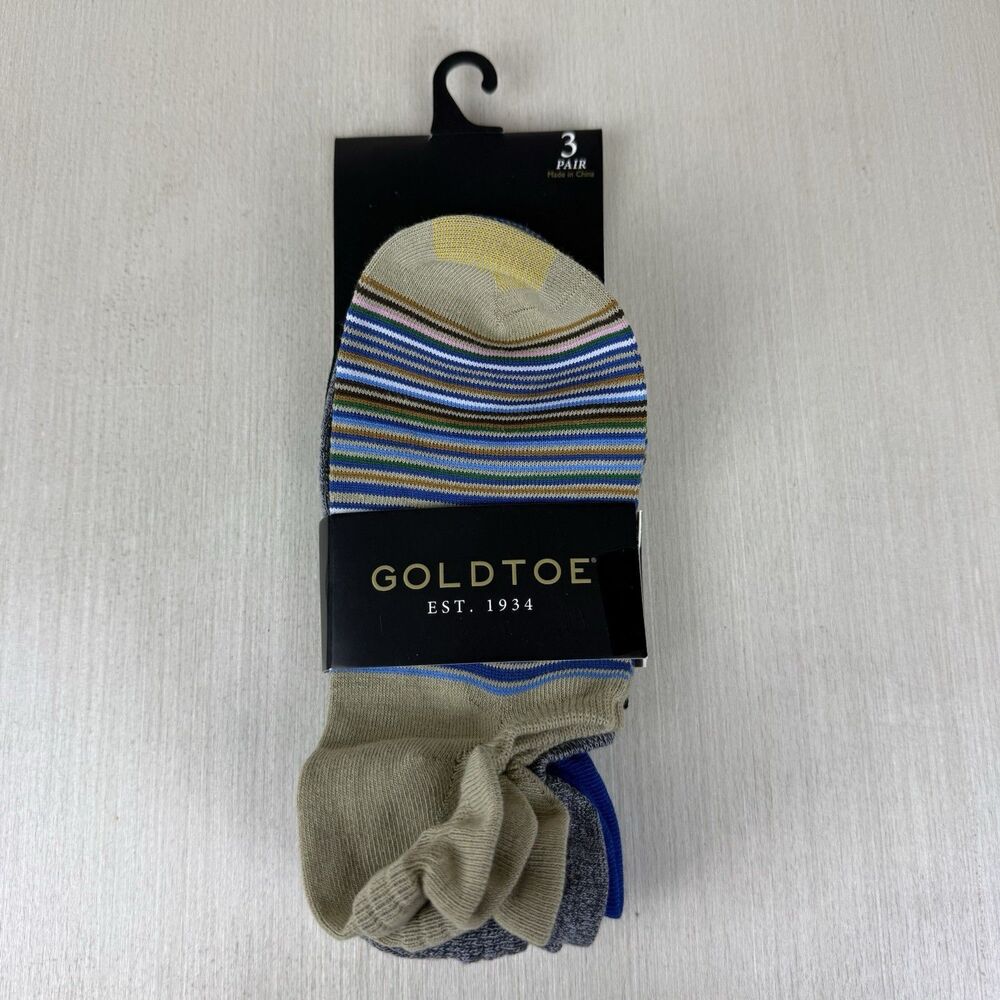 Gold Toe Socks Men’s Shoes Size 8-11 Sta-Cool 3 Pair No Show Striped Gray Black